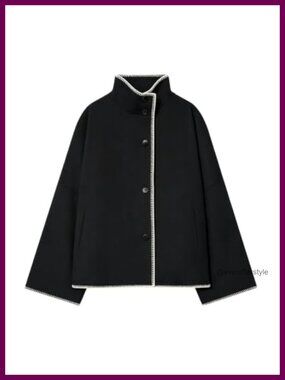 Womens Cropped Wool Blend Pea Coat Oversized Stand Collar Button Down Jacket